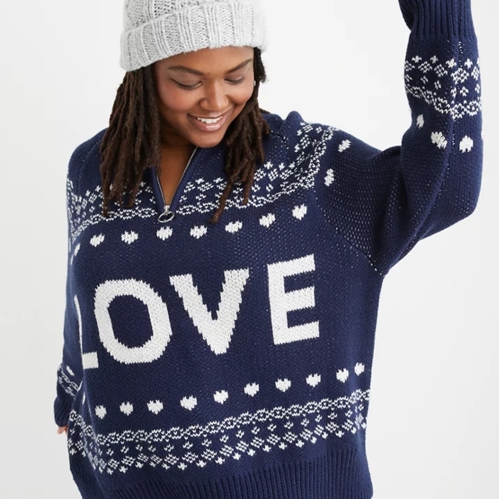 Aerie Navy and White V-Neck Sweater